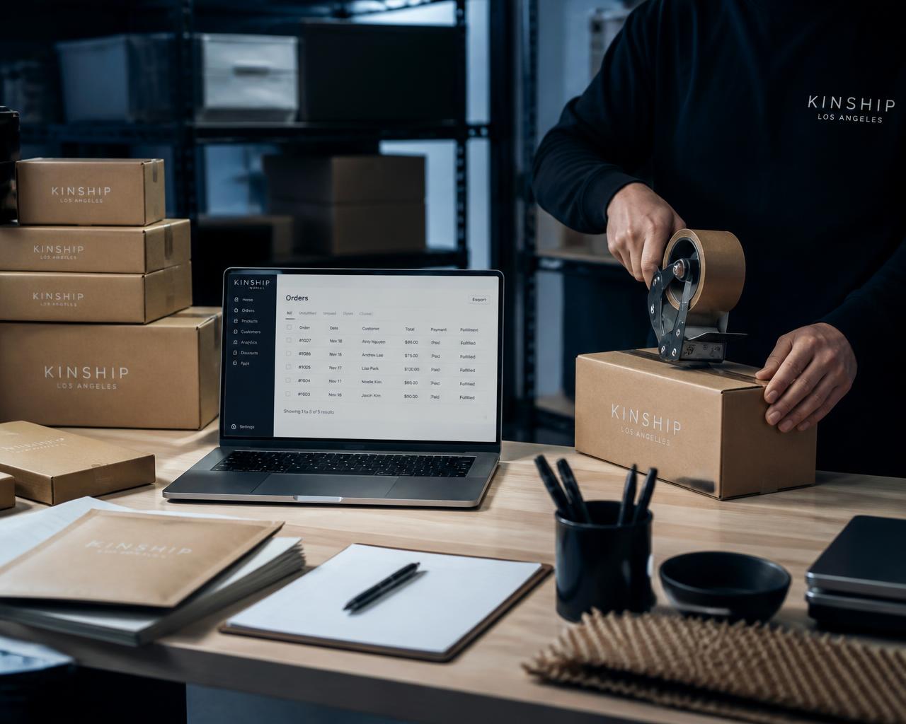 Ecommerce packing bench with branded boxes and a laptop showing an orders dashboard