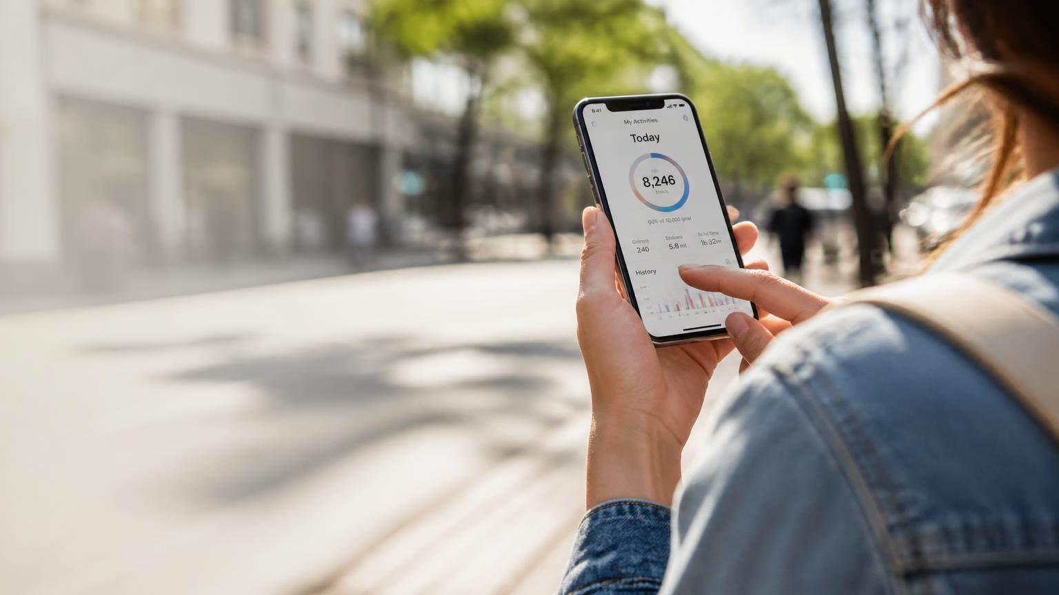 Hands holding a smartphone using a mobile app on a city street