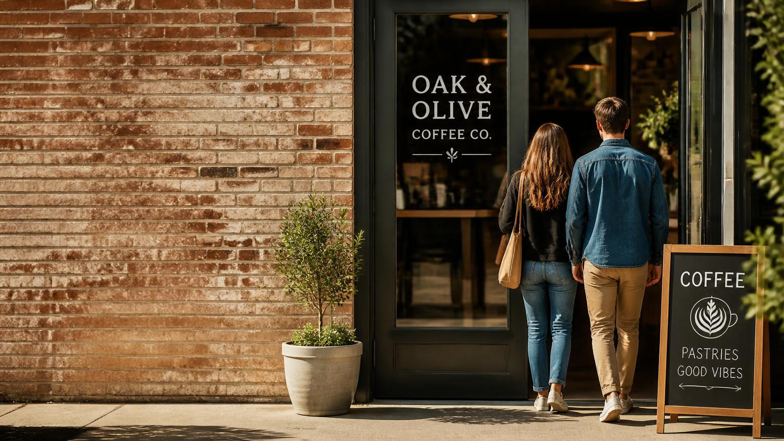 Customers walking into a welcoming local coffee shop