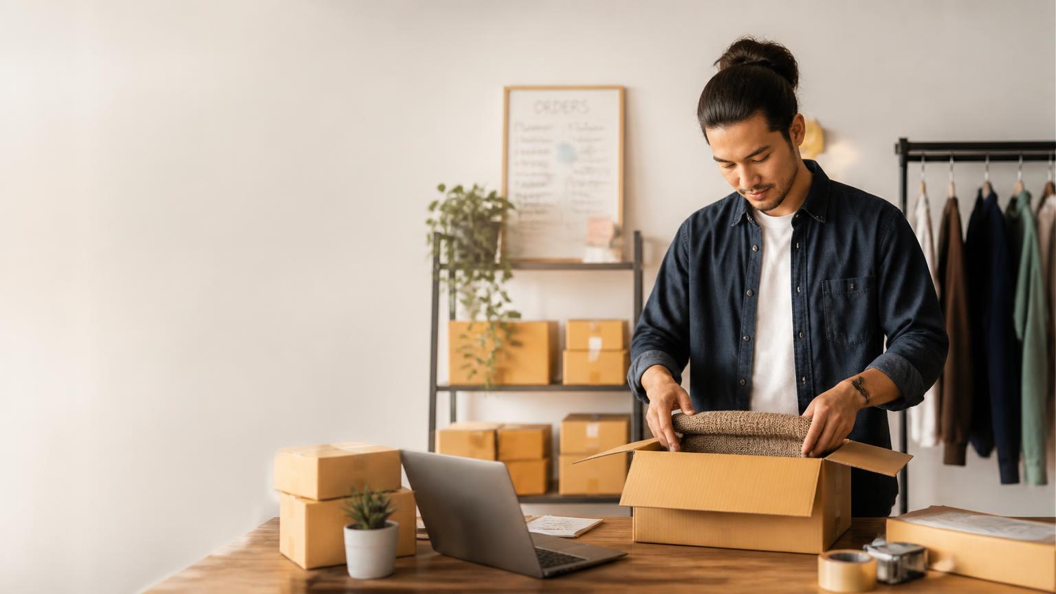Shop owner packing customer orders into boxes