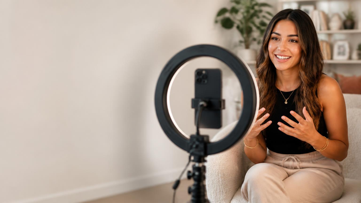 Creator filming a video at home with a ring light and phone