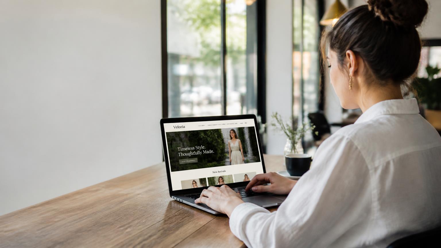 Person browsing a brand website on a laptop in a cafe